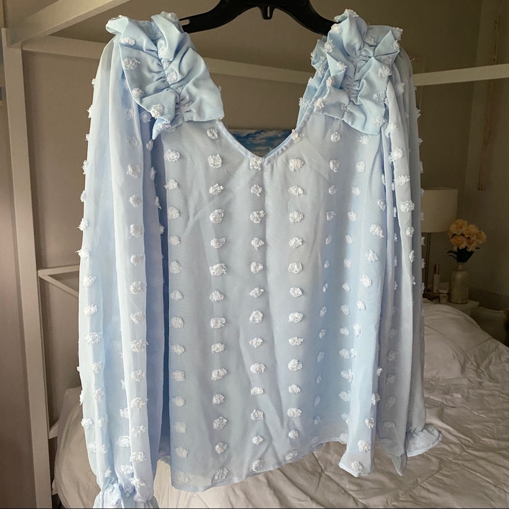 Light Blue LS Ruffle/Popcorn Detail Blouse